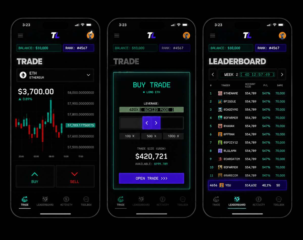 TradeLocker mobile trading, order, and leaderboard screens