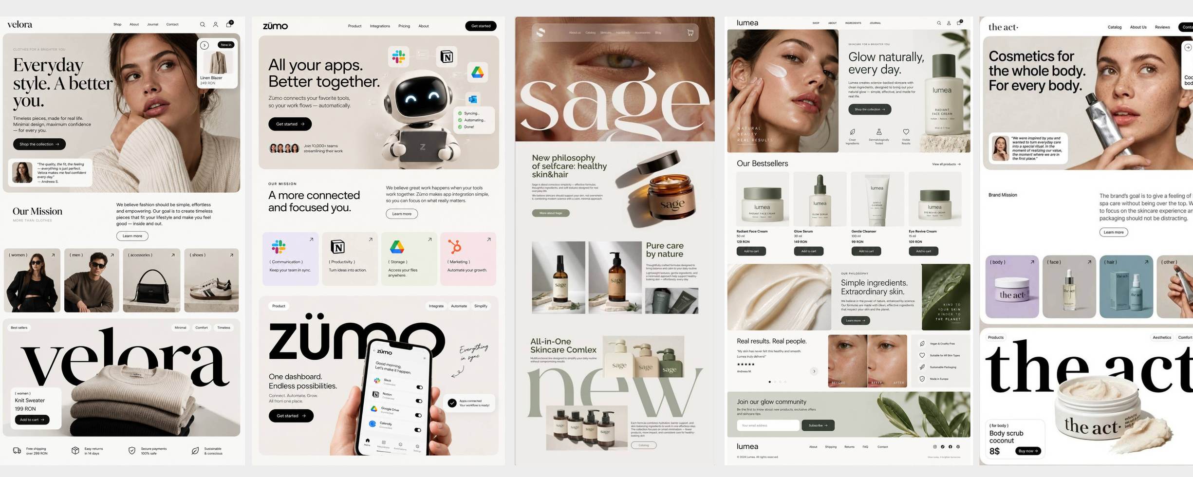 Website design direction across five brand identities