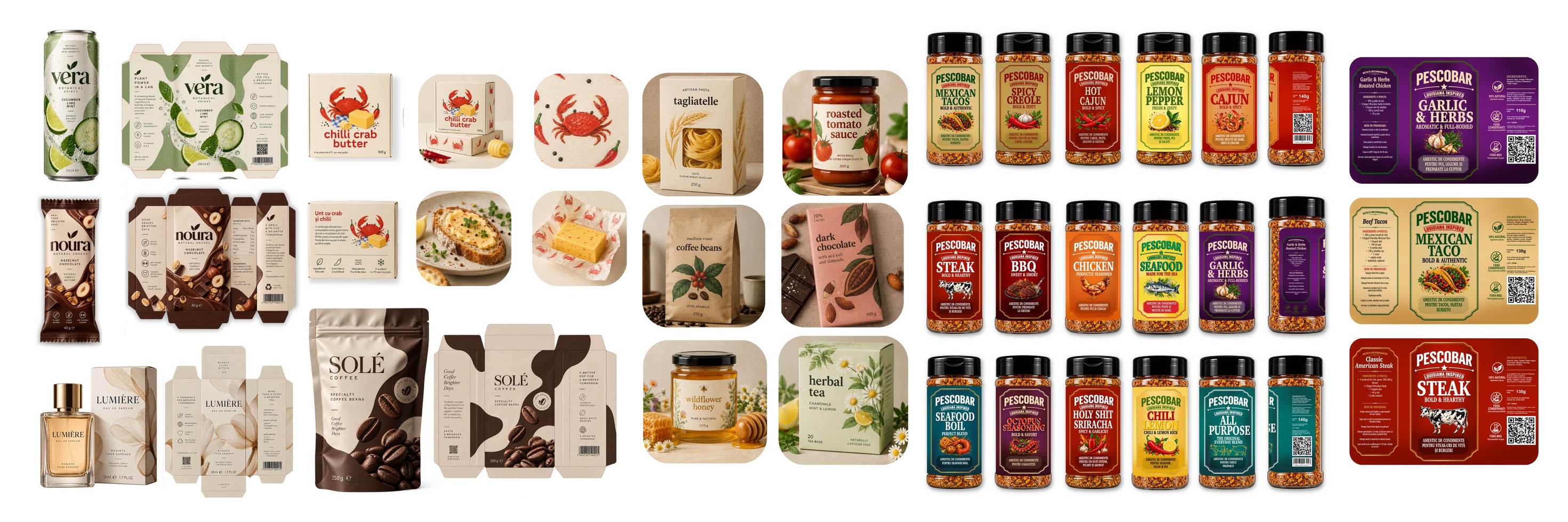 Pescobar product packaging: cans, boxes, jars and seasoning bottles